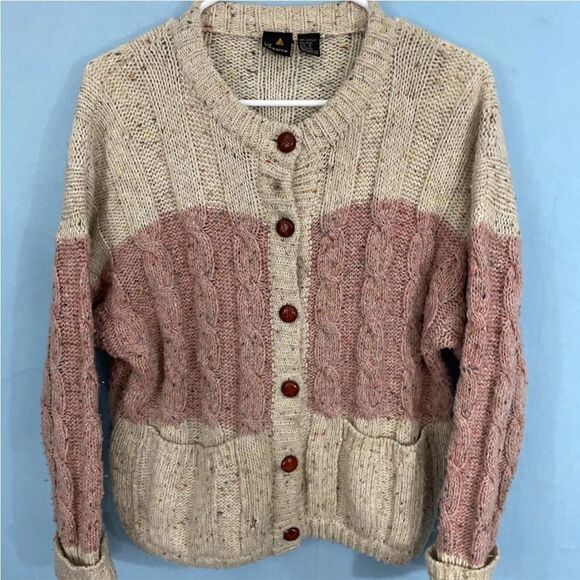 Vintage 90s LIZ CLAIBORNE Cardigan Women Cable Chunky Knit Wool Sweater Cream S - Picture 14 of 16